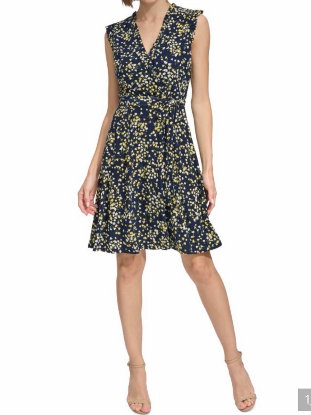 Tommy Hilfiger Sleeveless Navy  & Yellow Floral Wrap Dress with tie